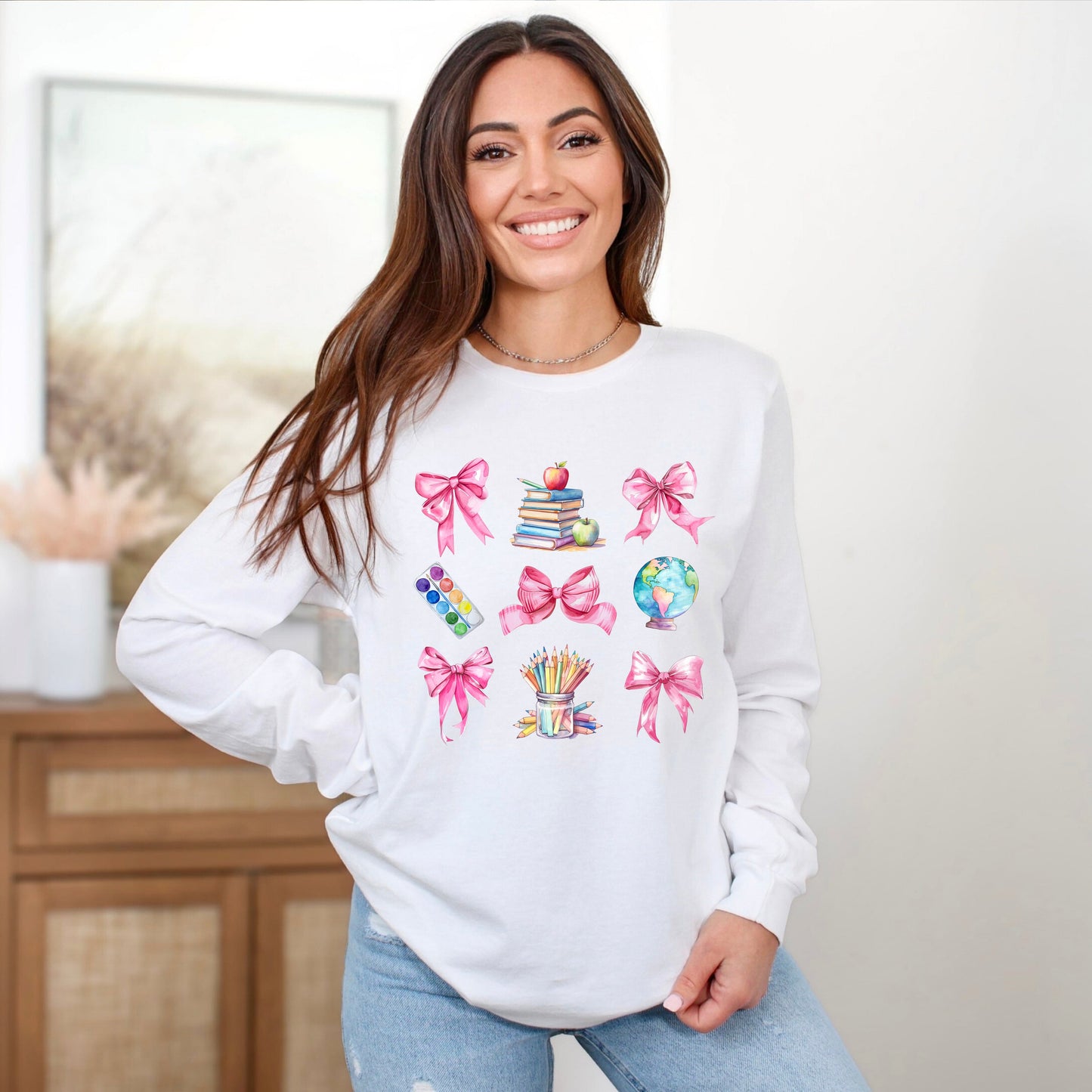 Coquette Pastel Teacher Collage | Long Sleeve Crew Neck