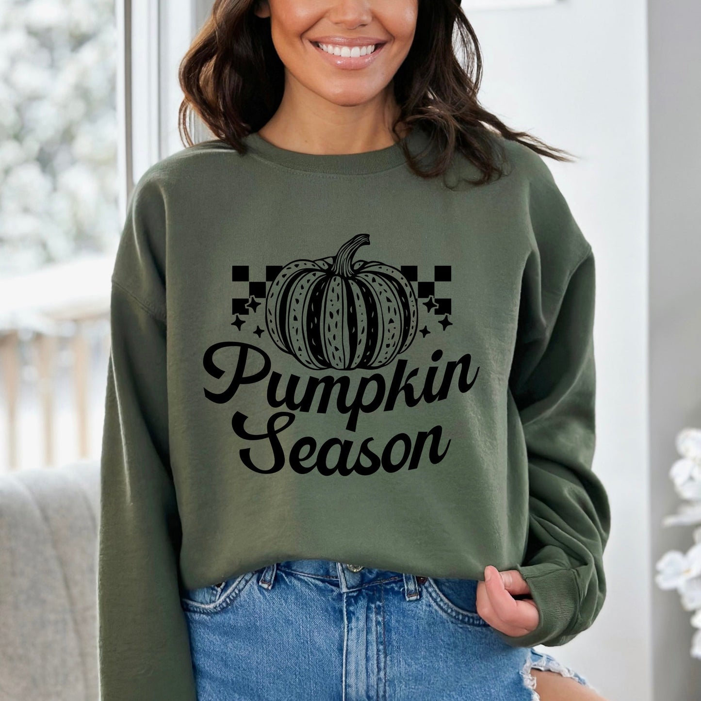 Checkered Pumpkin Season Cursive | Sweatshirt