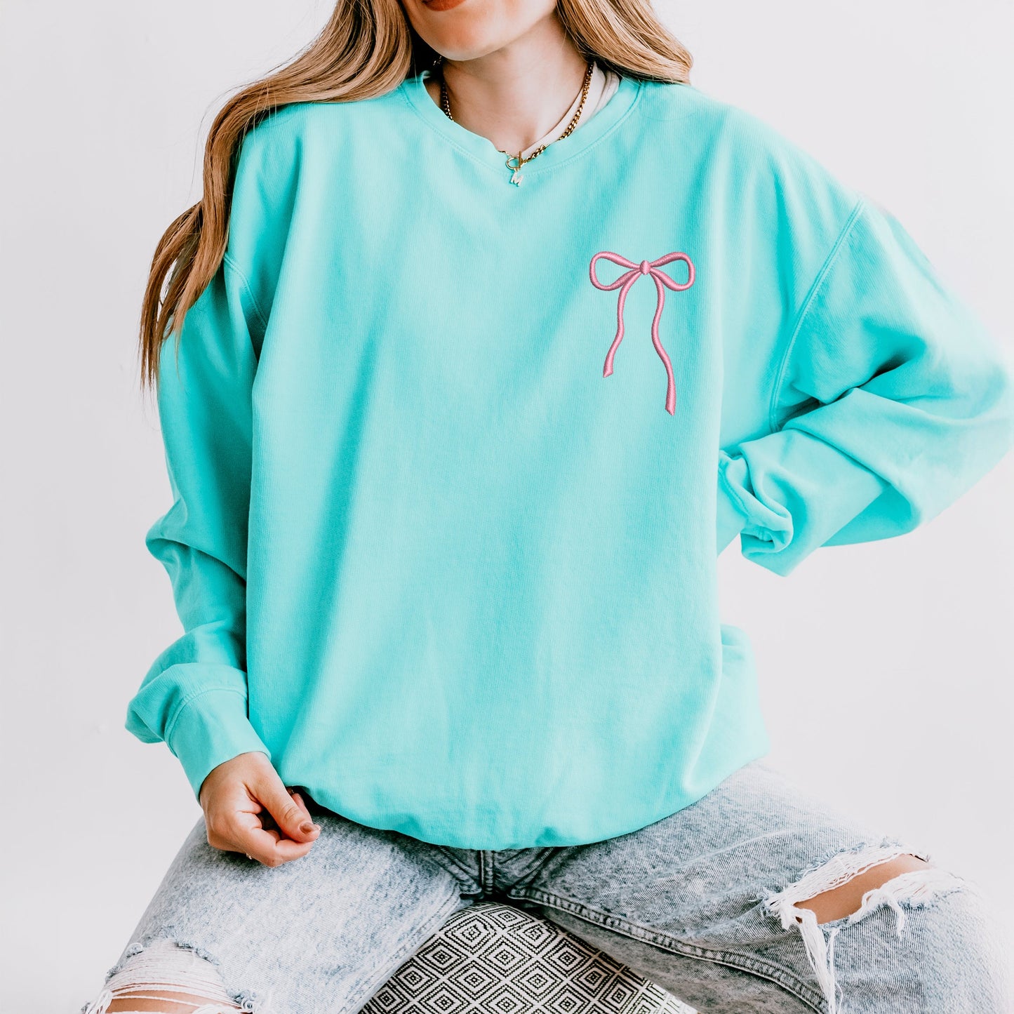 Embroidered Thin Bow  | Lightweight Garment Dyed Sweatshirt