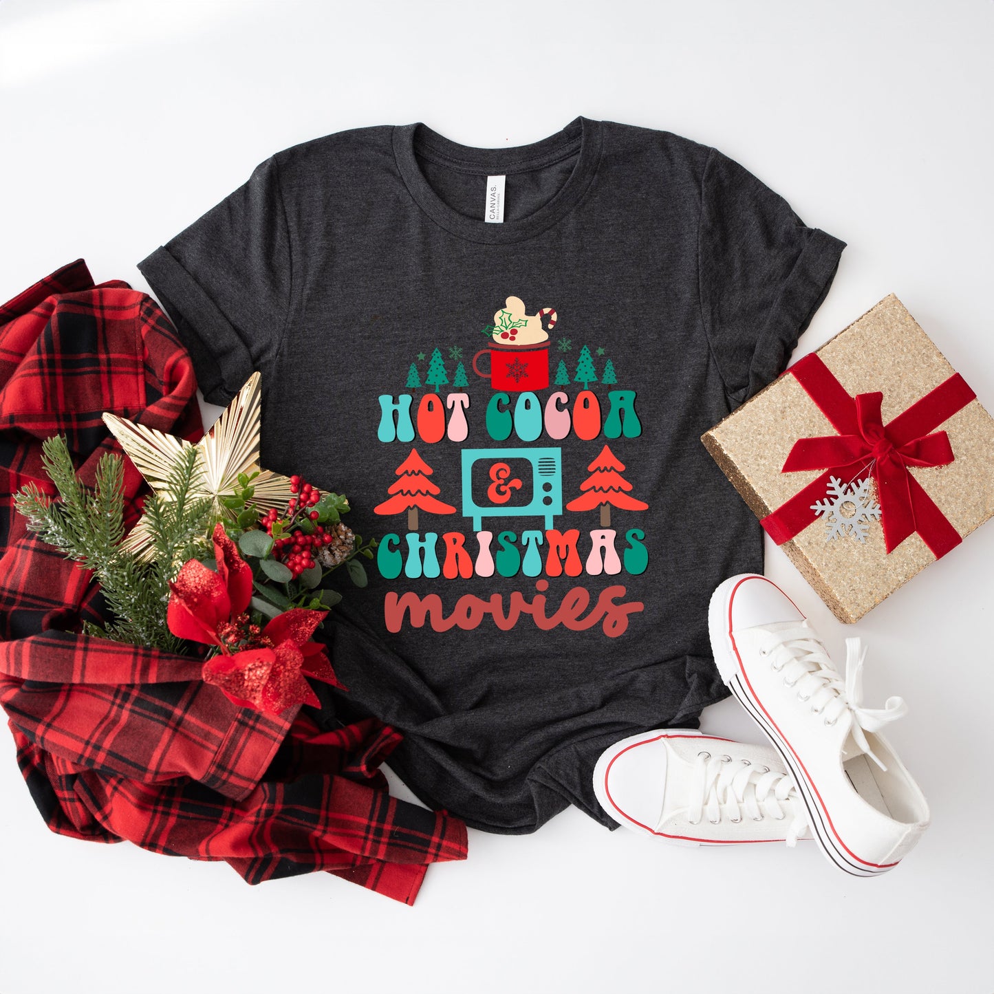 Retro Hot Cocoa Mug And Christmas Movies | Short Sleeve Crew Neck