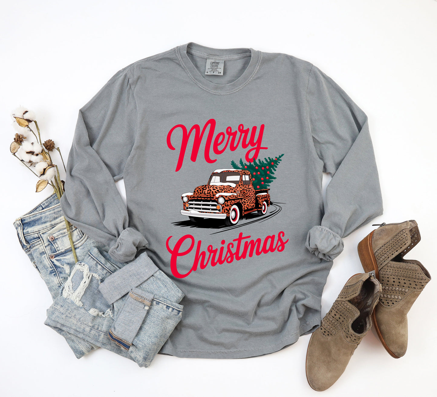 Christmas Leopard Truck | Garment Dyed Long Sleeve