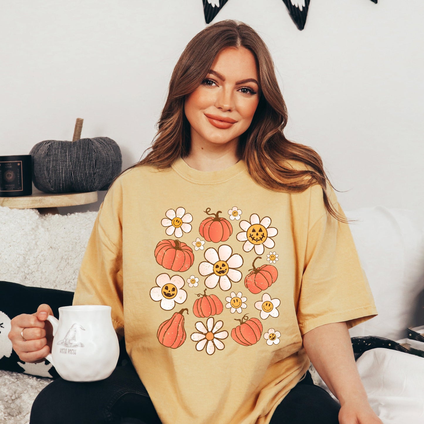 Distressed Flowers And Pumpkins | Garment Dyed Tee