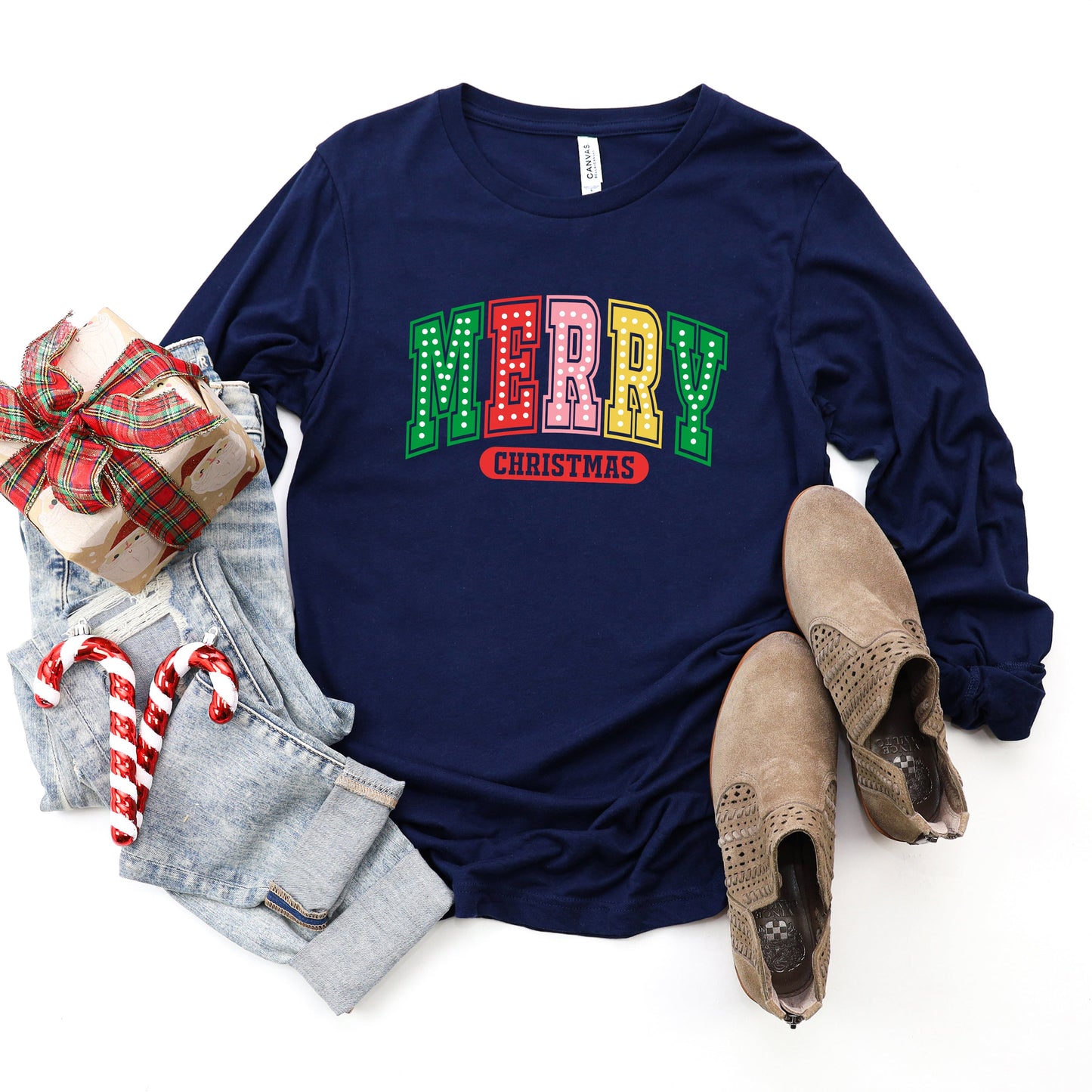 Merry Christmas Varsity Colorful | Long Sleeve Crew Neck