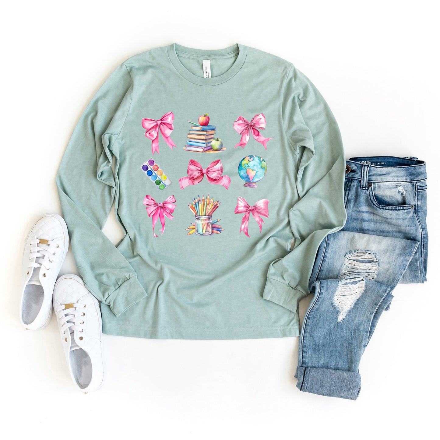 Coquette Pastel Teacher Collage | Long Sleeve Crew Neck