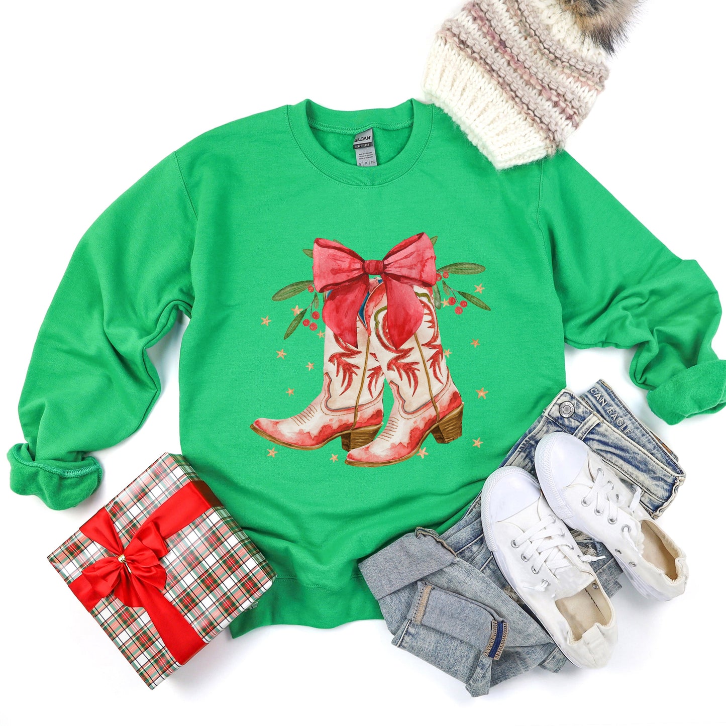 Coquette Cowgirl Christmas Boots | Sweatshirt