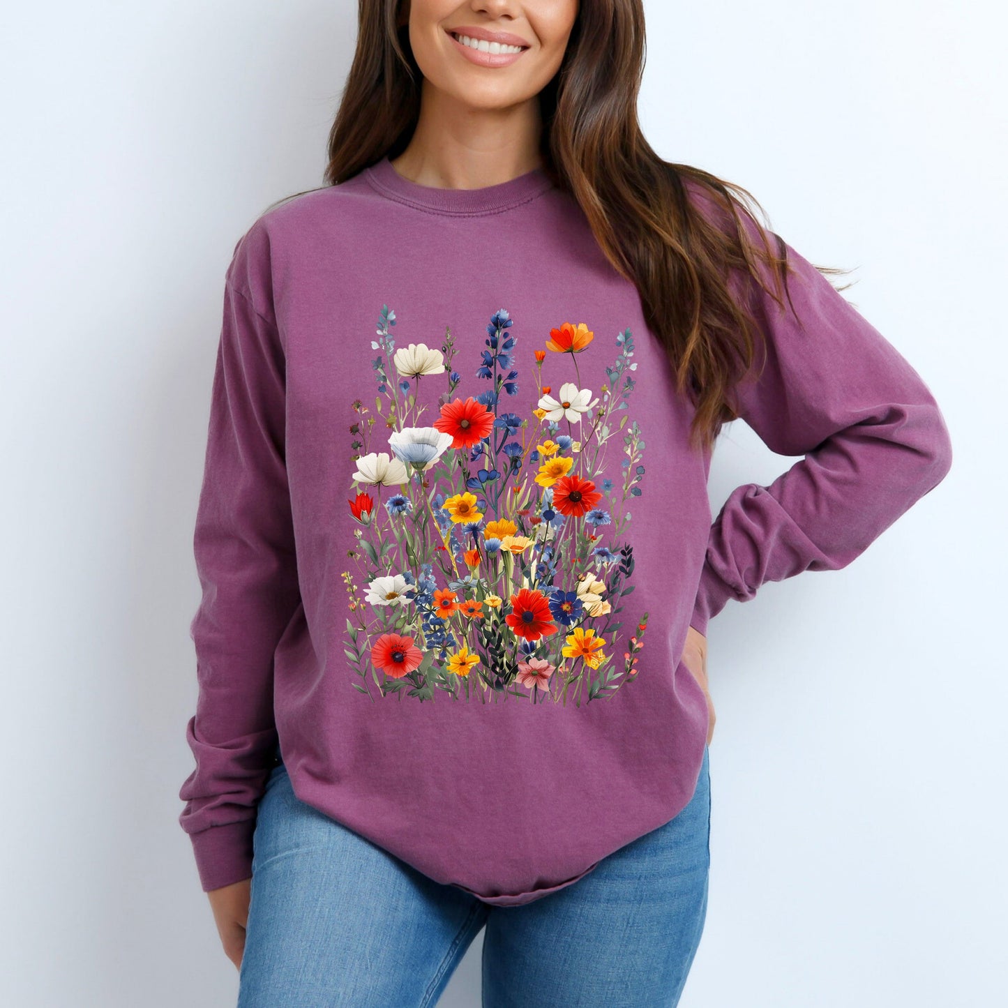 Blue And Red Wildflowers | Garment Dyed Long Sleeve