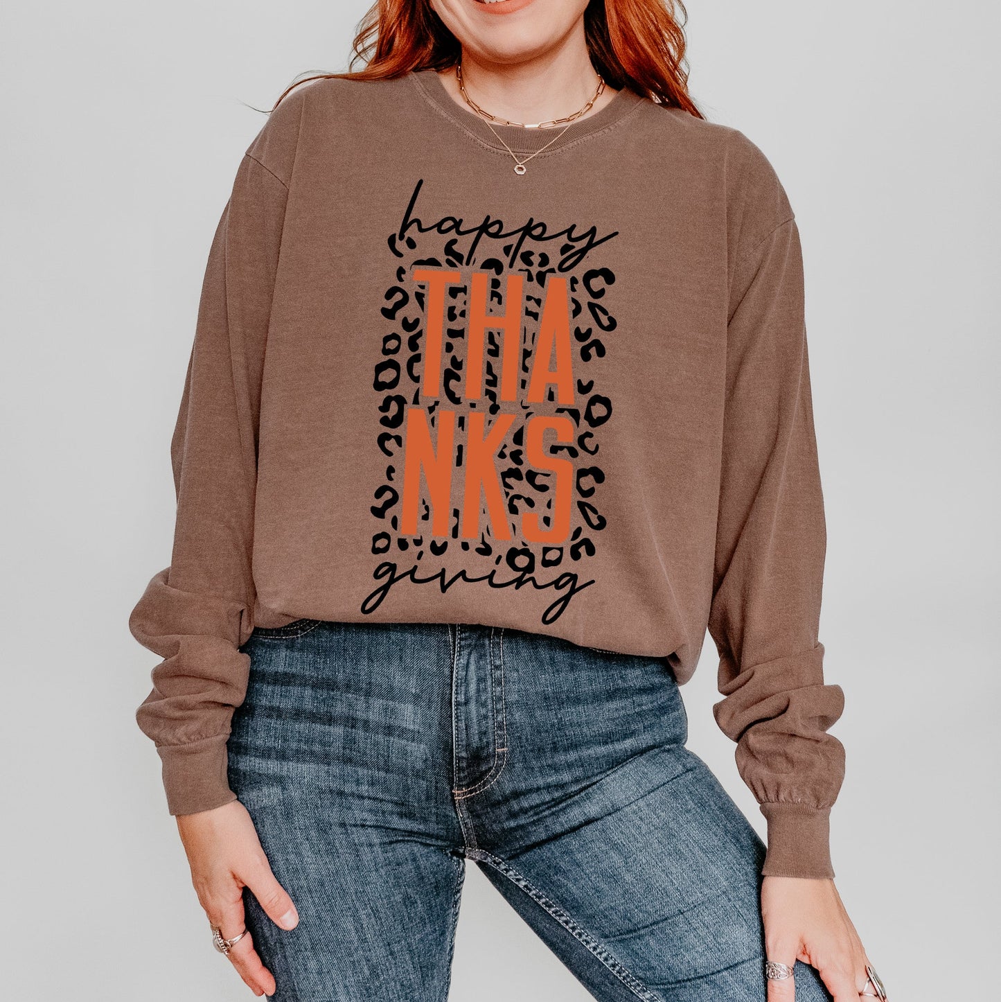 Happy Thanksgiving Orange Leopard | Garment Dyed Long Sleeve