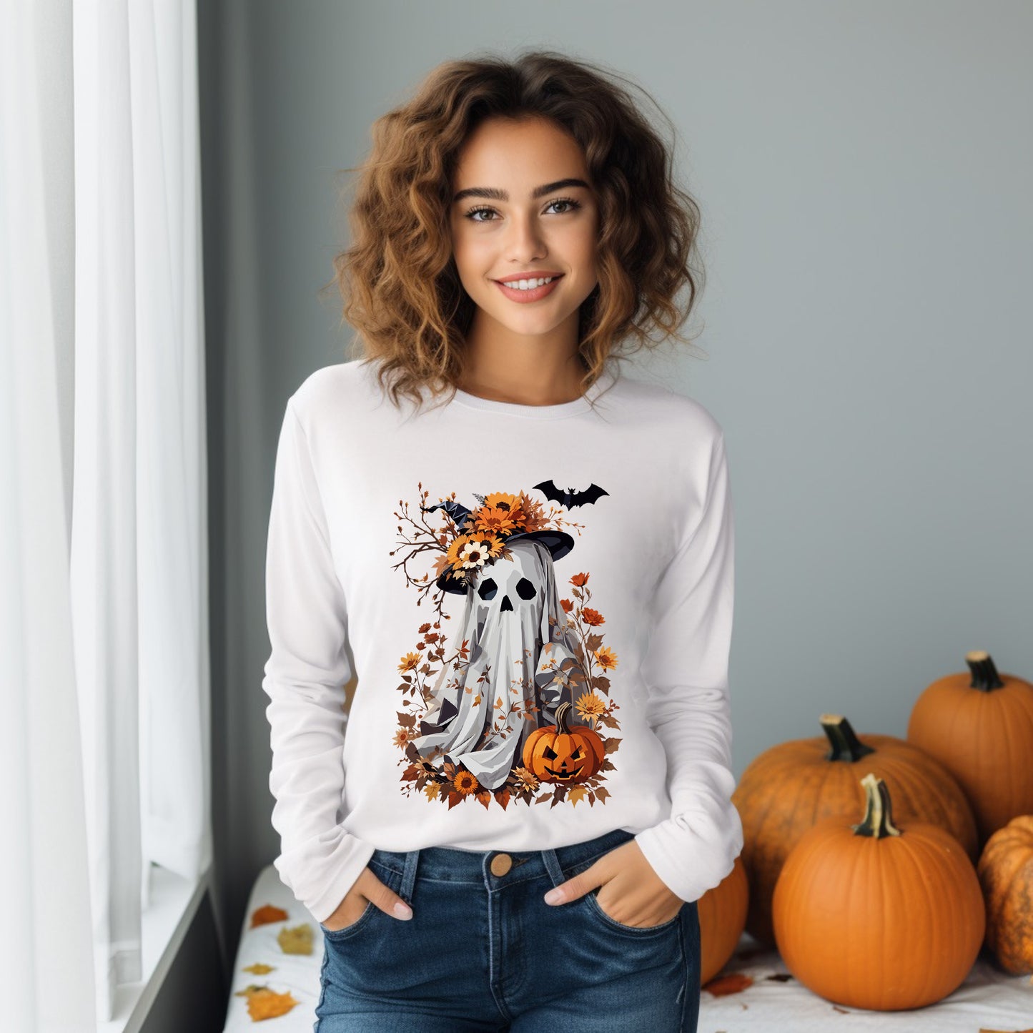 Floral Halloween Ghost | Long Sleeve Crew Neck