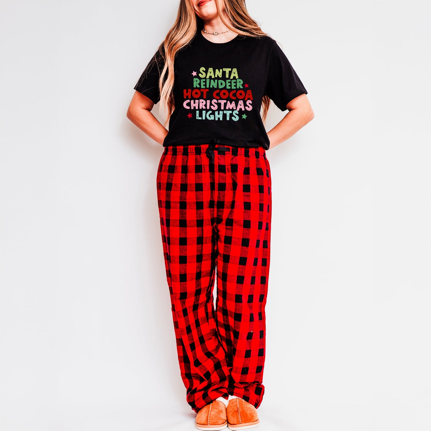 Santa Reindeer Hot Cocoa | Plaid Pajama Set