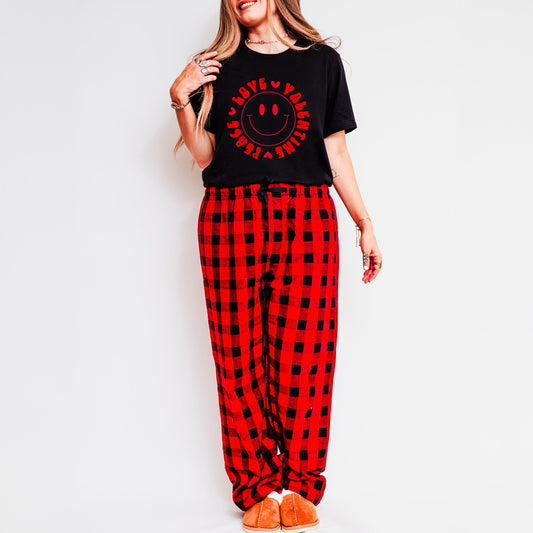 Peace Love Valentine Smiley | Plaid Pajama Set