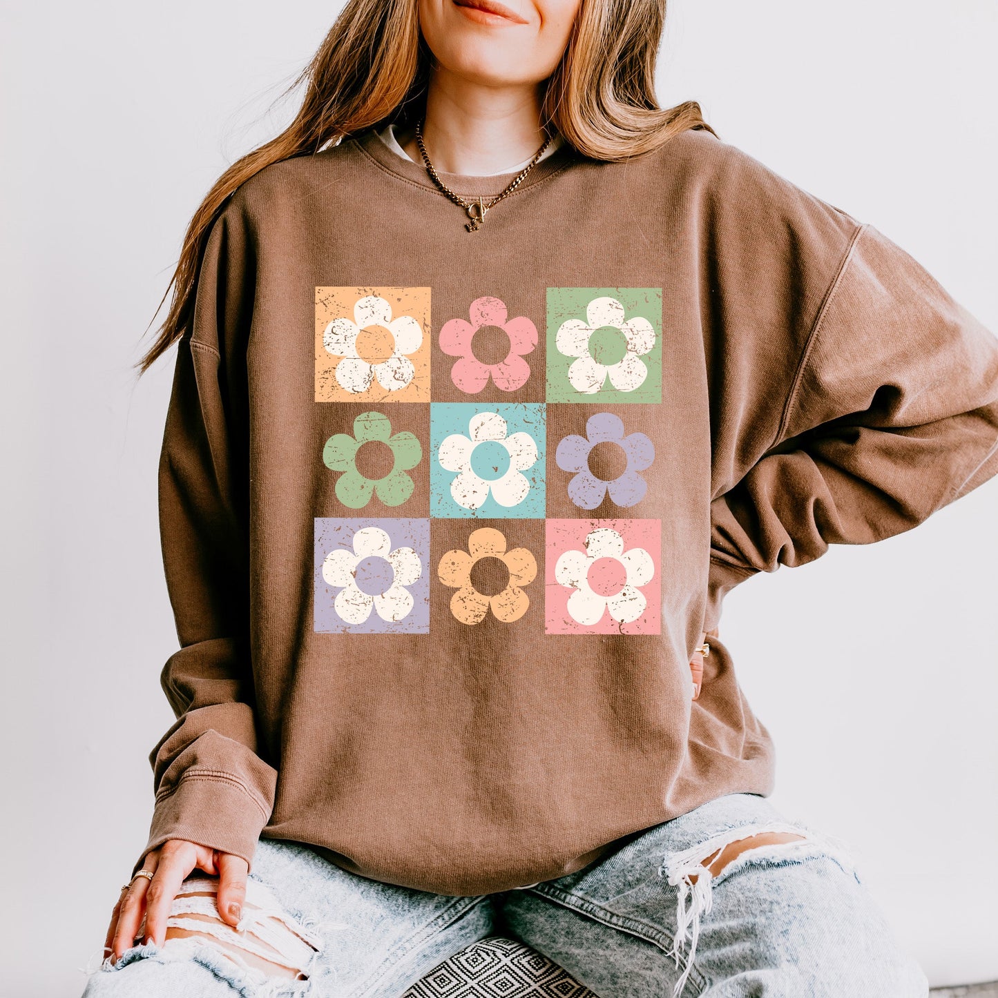 Checkered Flowers | Lightweight Garment Dyed Sweatshirt