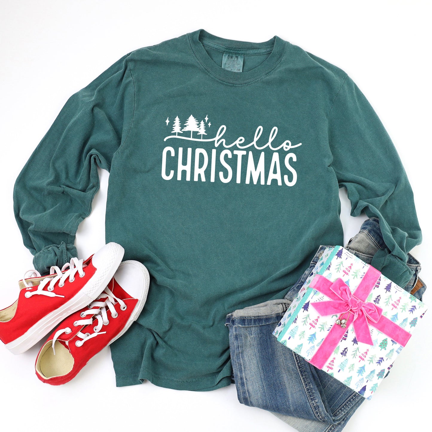 Hello Christmas Trees | Garment Dyed Long Sleeve