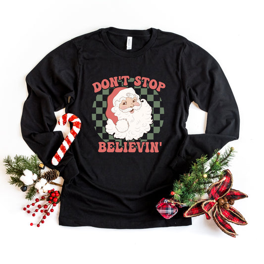 Don't Stop Believin' Santa Checkered | Long Sleeve Crew Neck