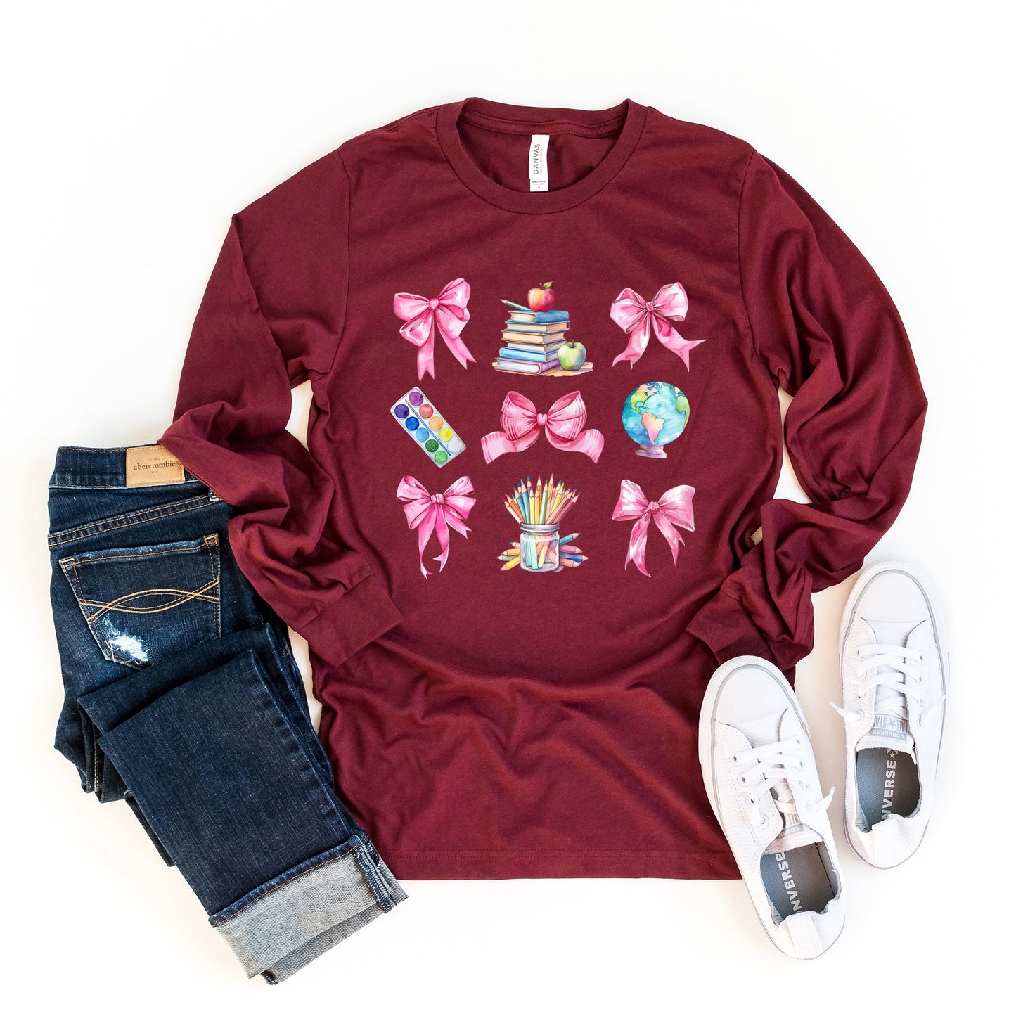 Coquette Pastel Teacher Collage | Long Sleeve Crew Neck