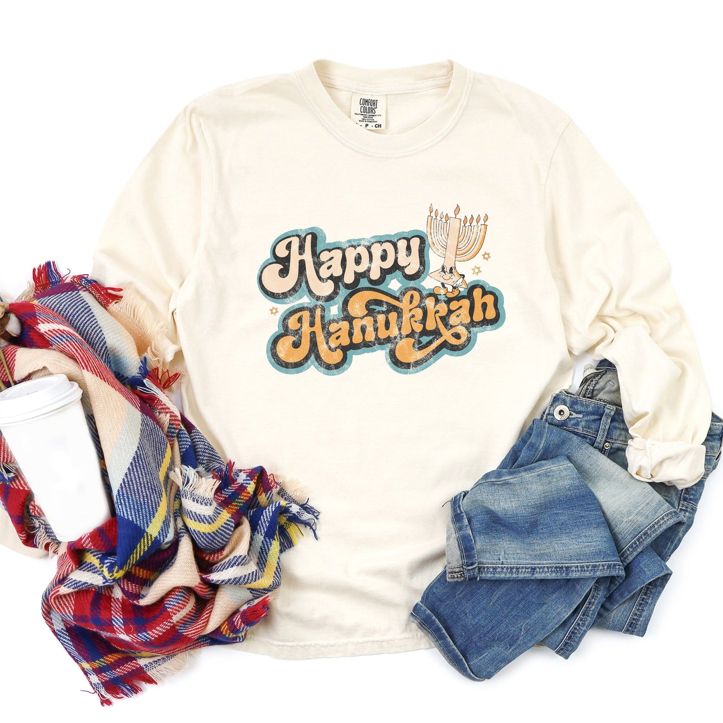 Retro Happy Hanukkah Distressed | Garment Dyed Long Sleeve