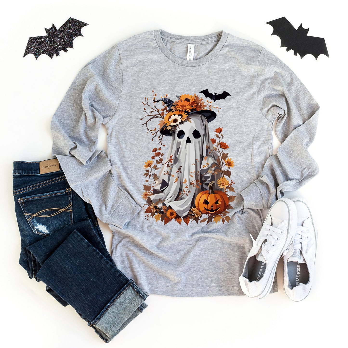 Floral Halloween Ghost | Long Sleeve Crew Neck