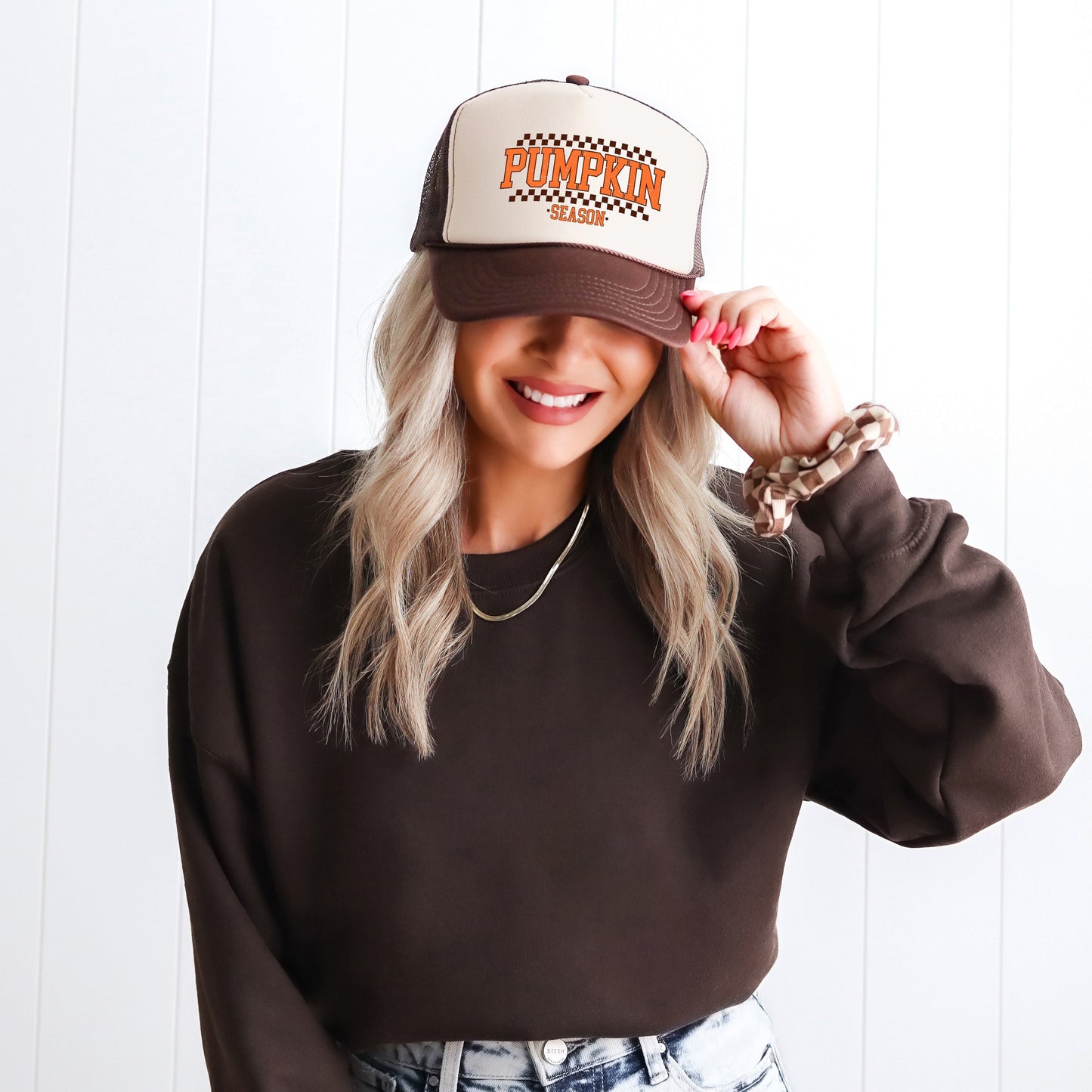 Checkered Arched Pumpkin Season | Foam Trucker Hat