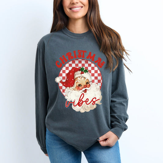 Christmas Vibes Santa Checkered | Garment Dyed Long Sleeve