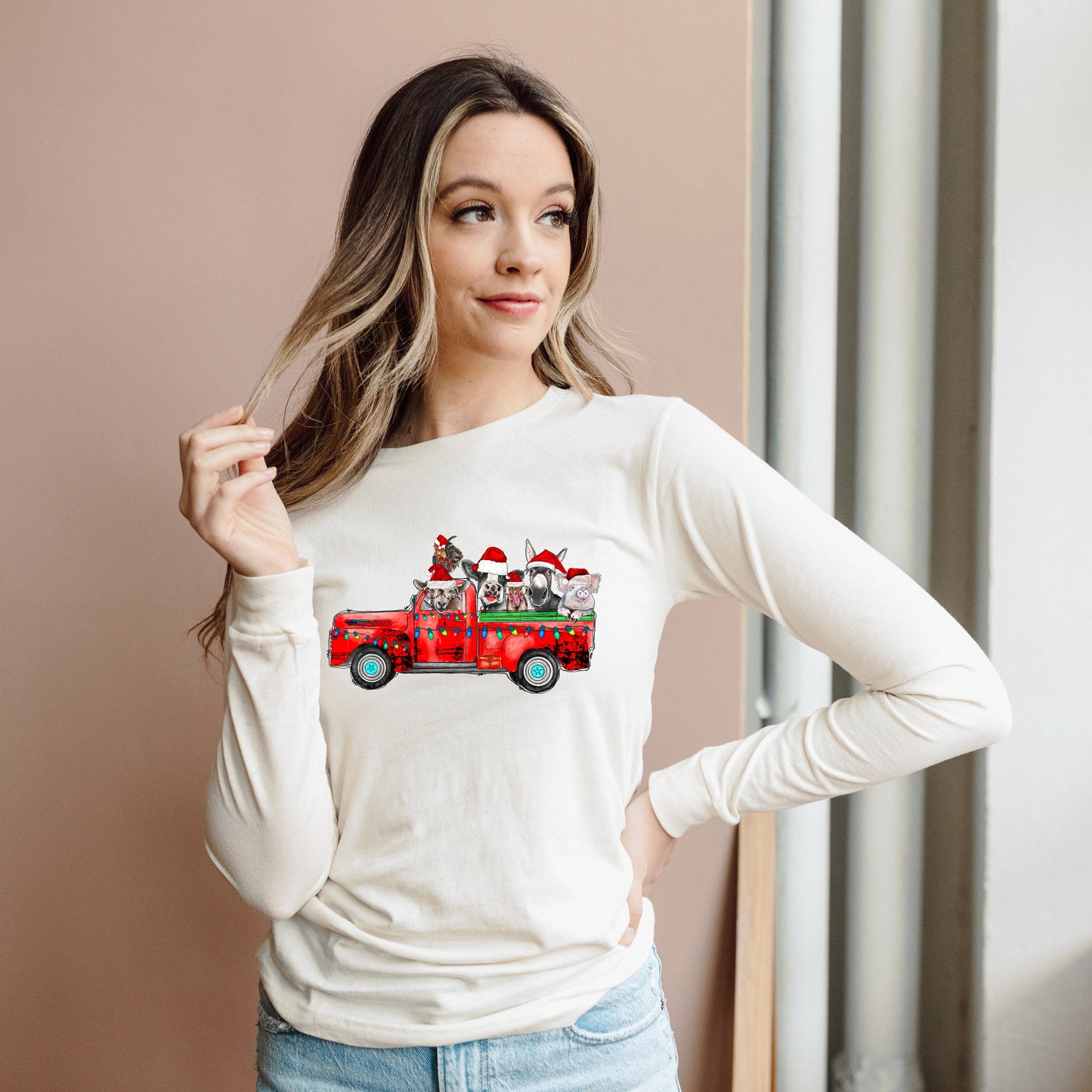 Farm Animals Christmas Truck | Long Sleeve Crew Neck