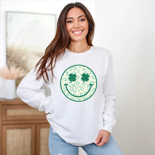 Clover Leopard Smiley Face | Long Sleeve Crew Neck