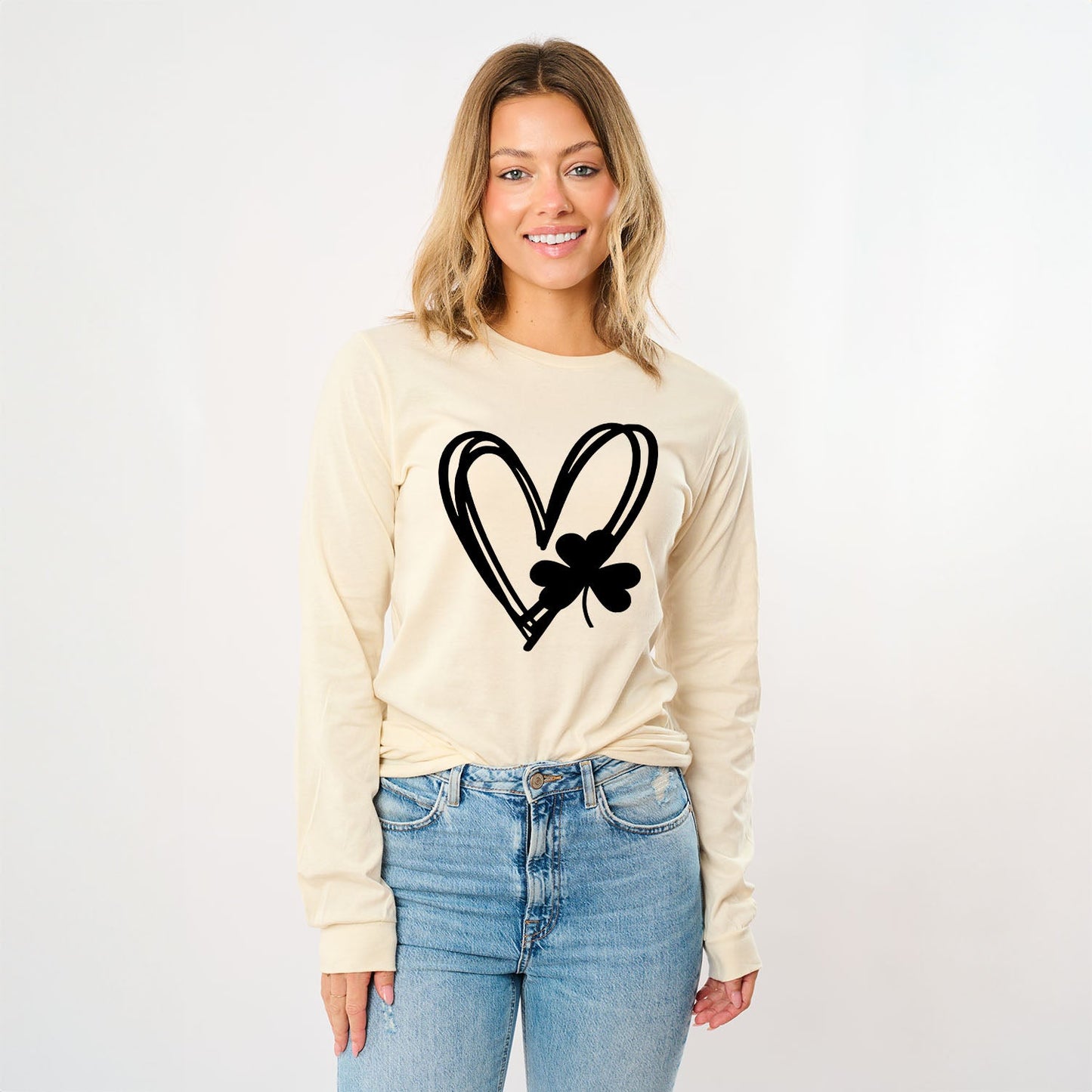 Hand Drawn Heart With Shamrock | Long Sleeve Crew Neck