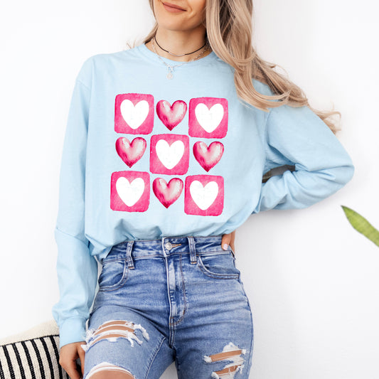 Pink Heart Grid | Garment Dyed Long Sleeve