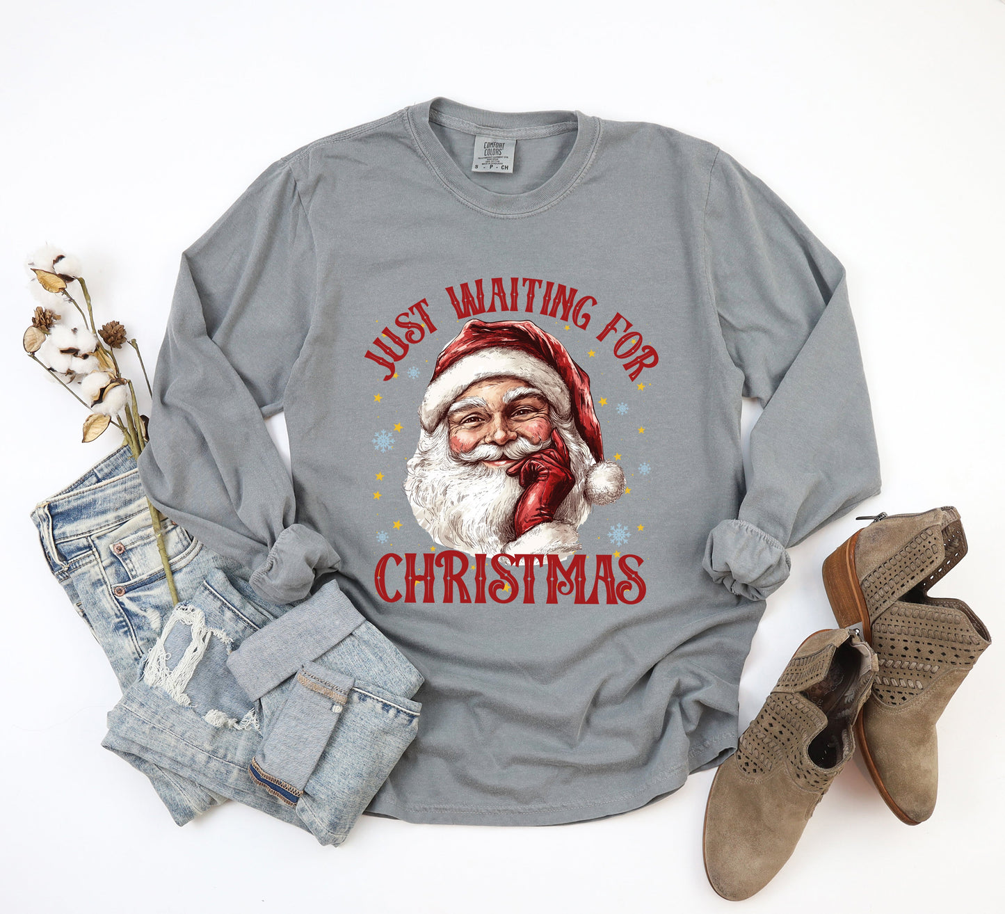 Just Waiting For Christmas Santa | Garment Dyed Long Sleeve