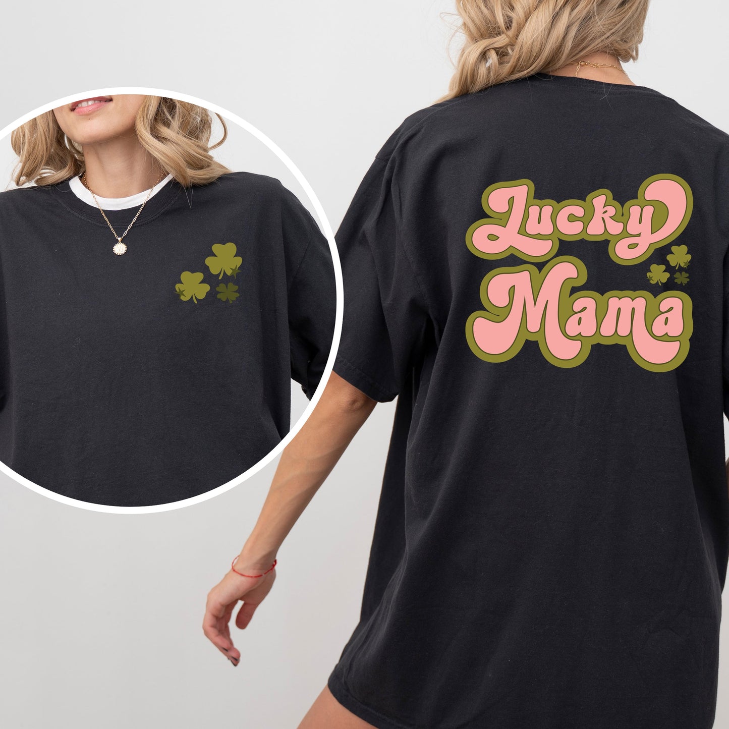 Lucky Mama Retro Clovers  | Front and Back Garment Dyed Short Sleeve Tee