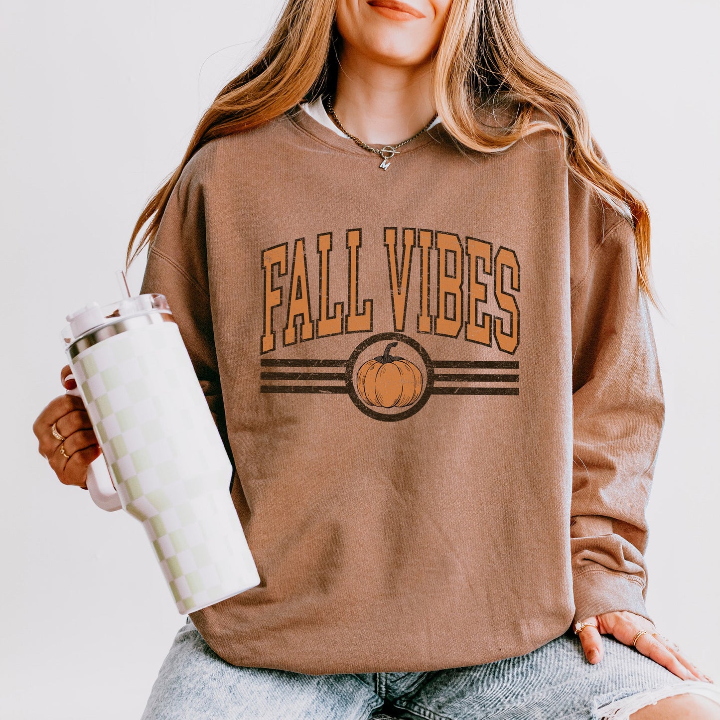 Fall Vibes Varsity Pumpkin | Lightweight Garment Dyed Sweatshirt