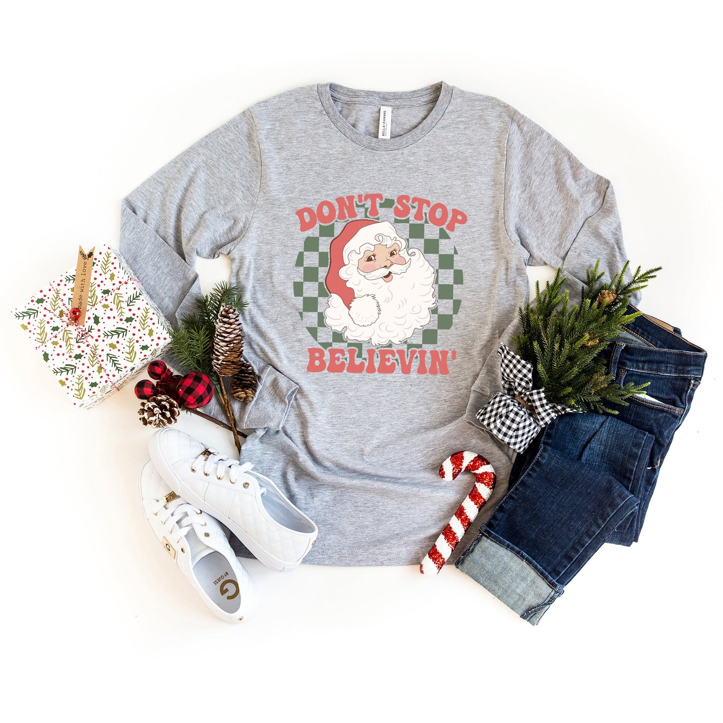 Don't Stop Believin' Santa Checkered | Long Sleeve Crew Neck