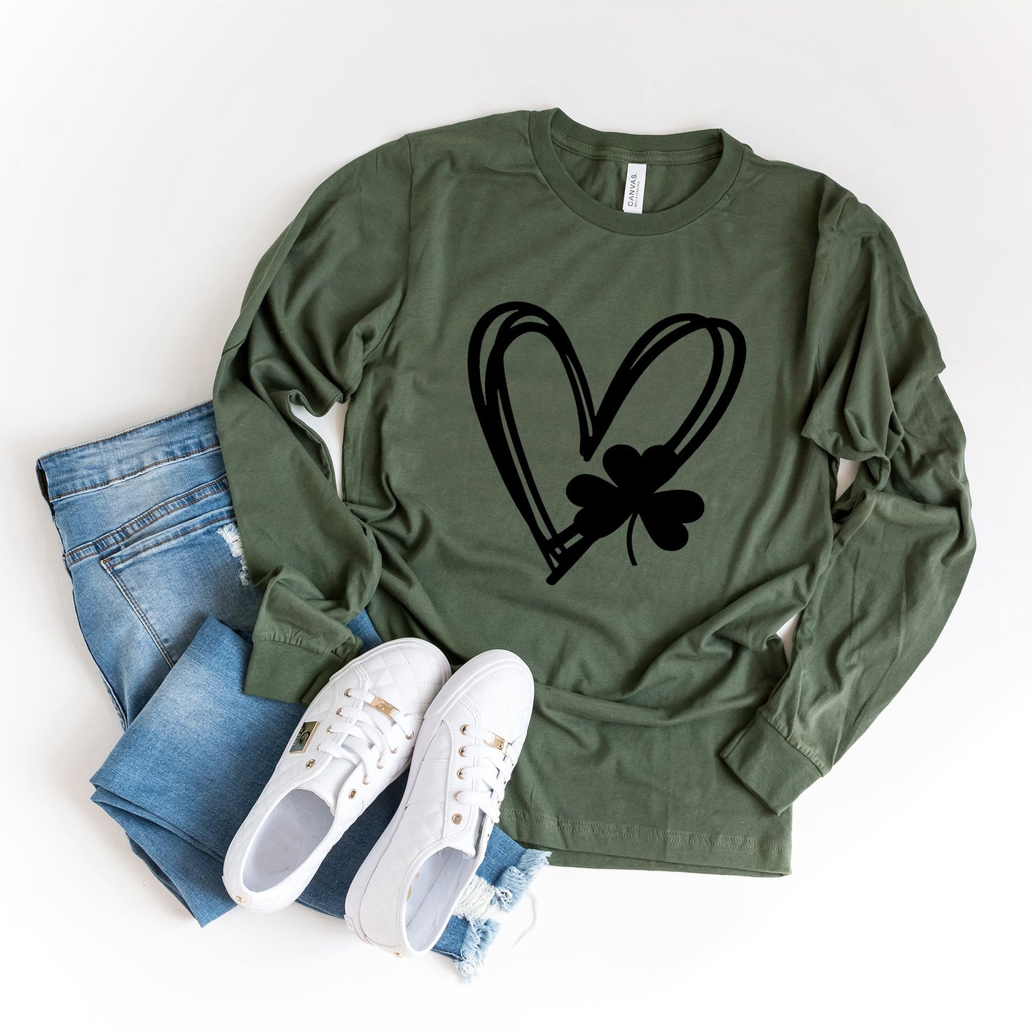 Hand Drawn Heart With Shamrock | Long Sleeve Crew Neck