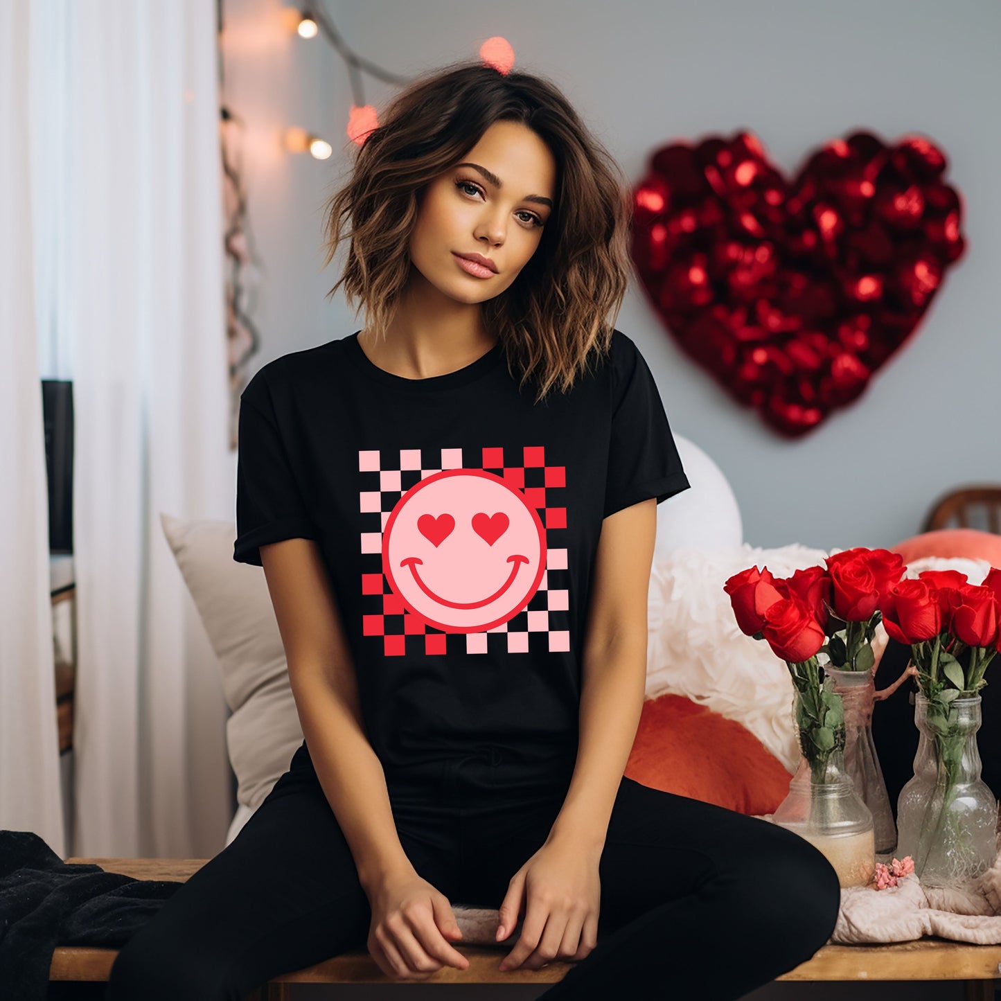 Checkered Heart Eyes Smiley | Short Sleeve Graphic Tee