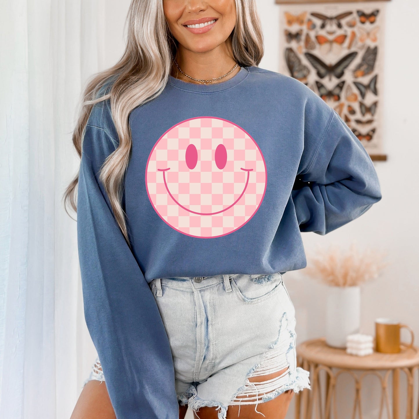 Pink Checker Smiley Face | Garment Dyed Sweatshirt