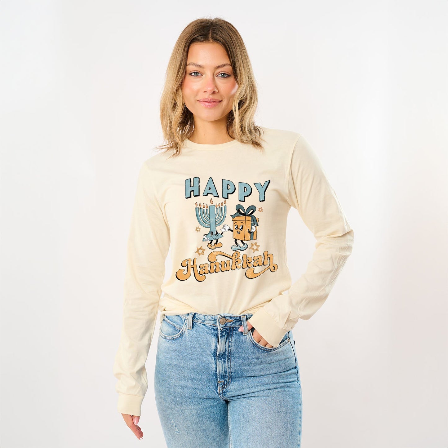 Happy Hanukkah Distressed | Long Sleeve Crew Neck