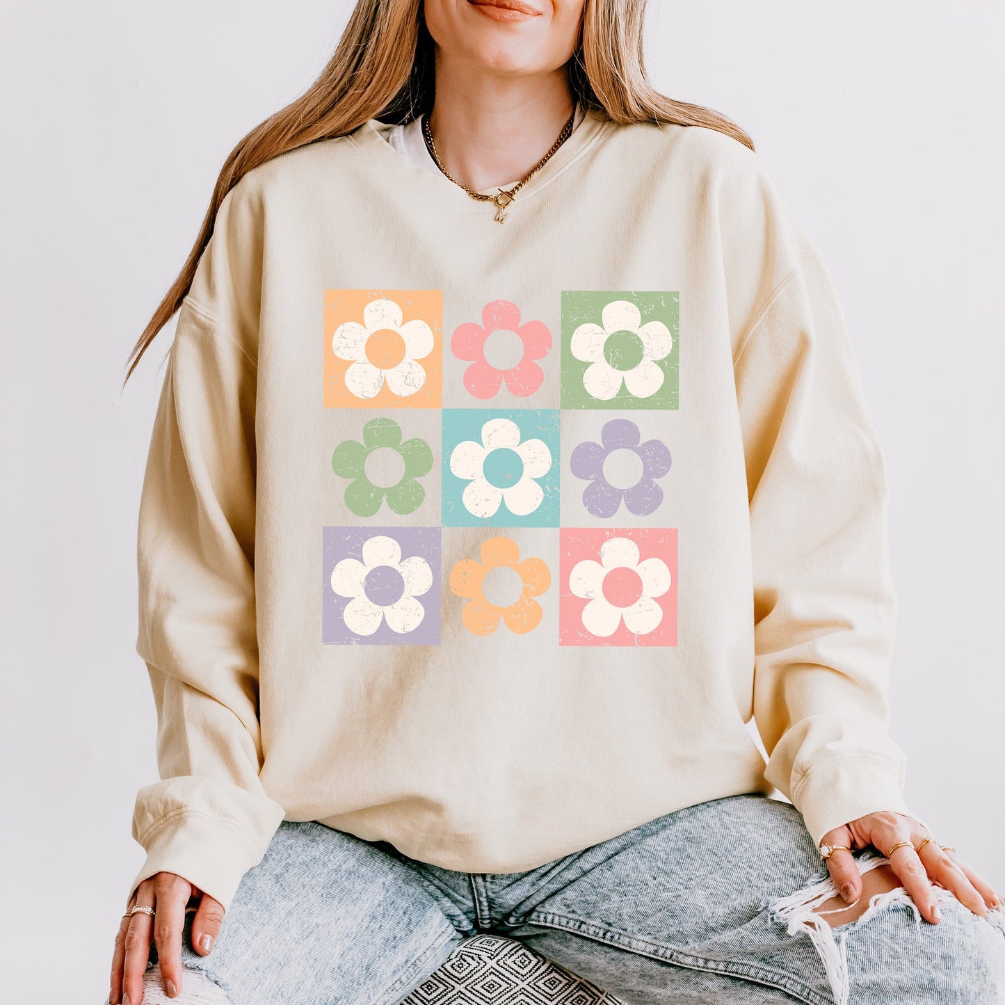 Checkered Flowers | Lightweight Garment Dyed Sweatshirt