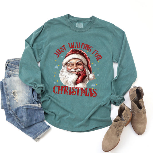 Just Waiting For Christmas Santa | Garment Dyed Long Sleeve