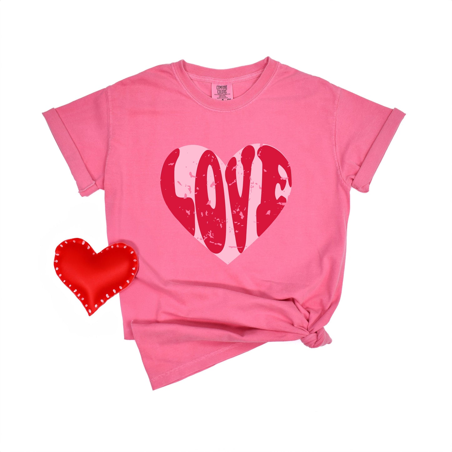 Pink Love Heart Distressed | Garment Dyed Tee