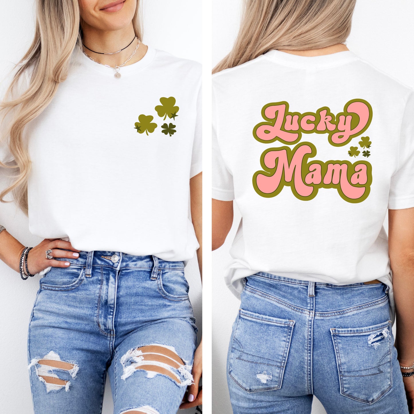 Lucky Mama Retro Clovers  | Front and Back Garment Dyed Short Sleeve Tee