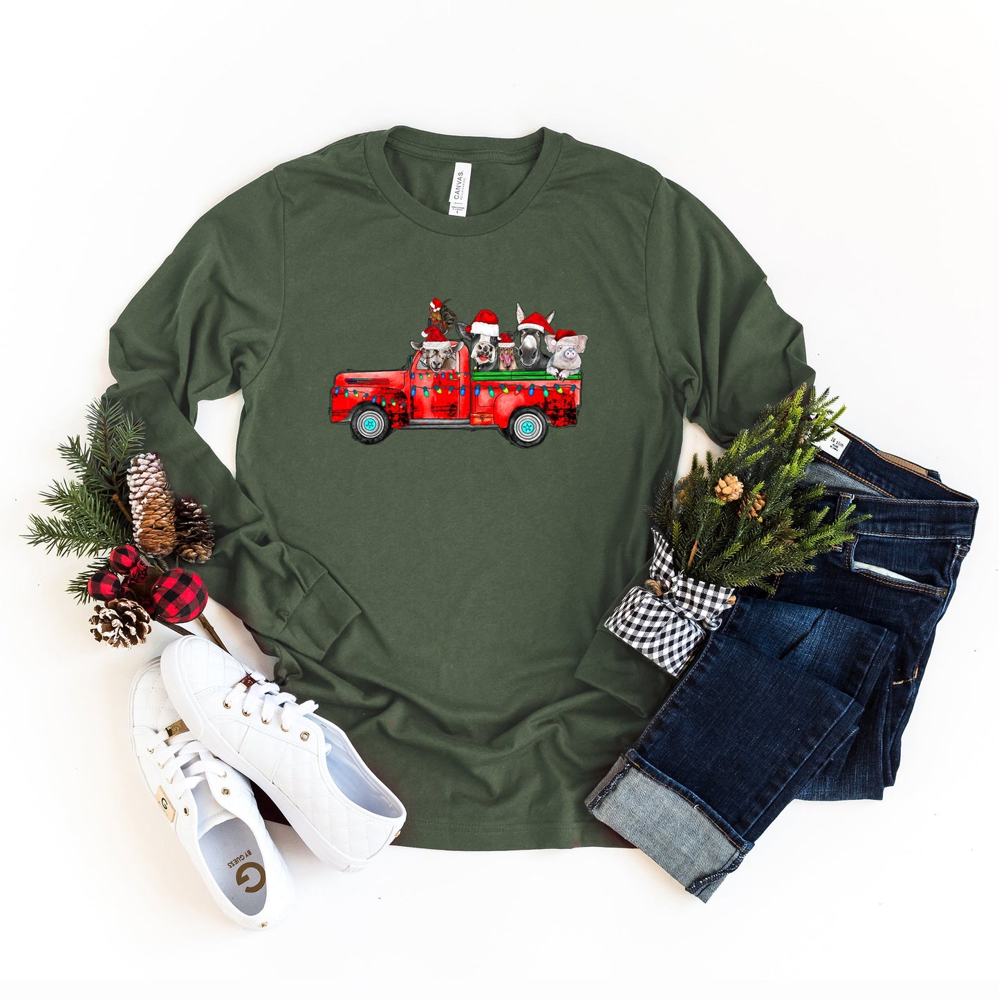 Farm Animals Christmas Truck | Long Sleeve Crew Neck