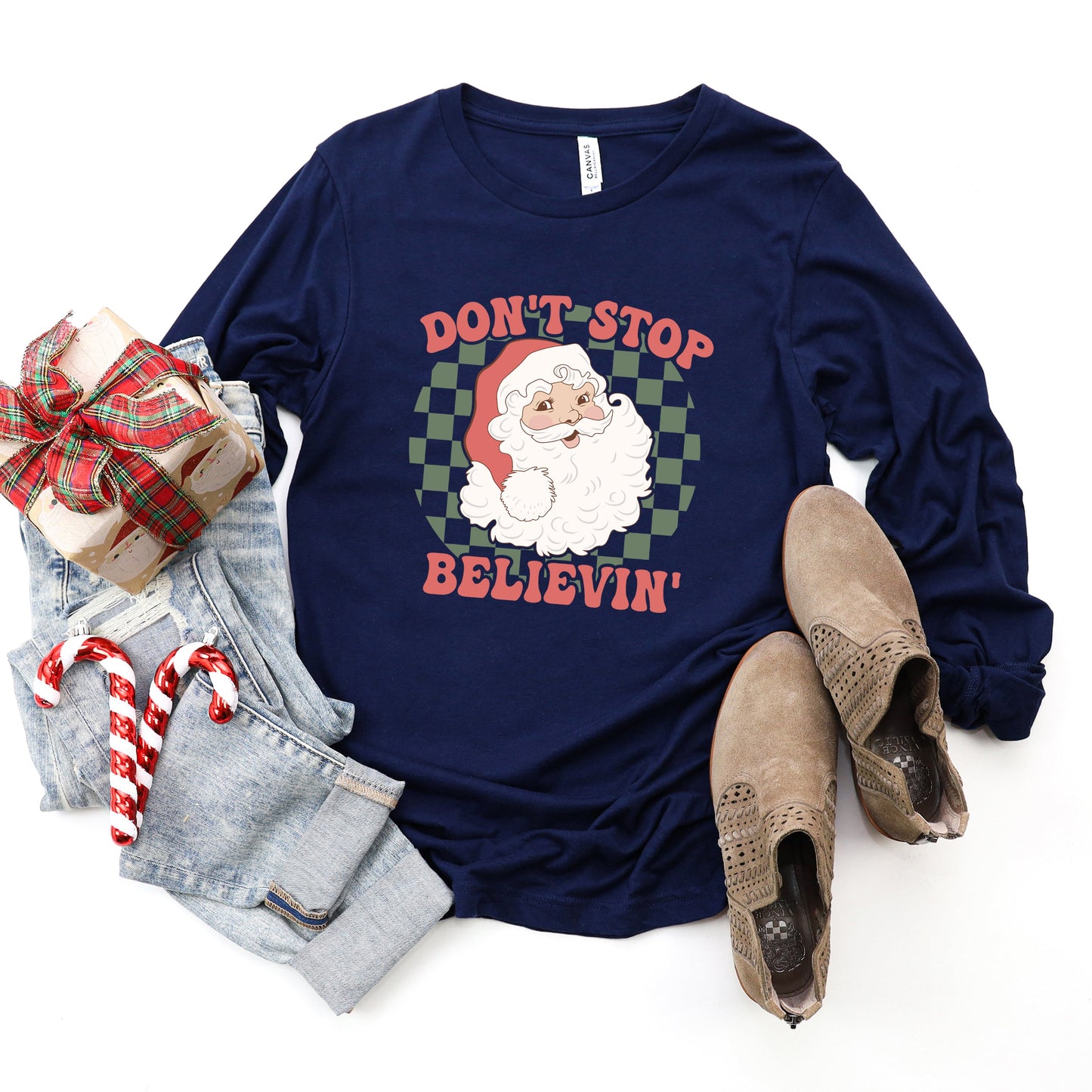 Don't Stop Believin' Santa Checkered | Long Sleeve Crew Neck