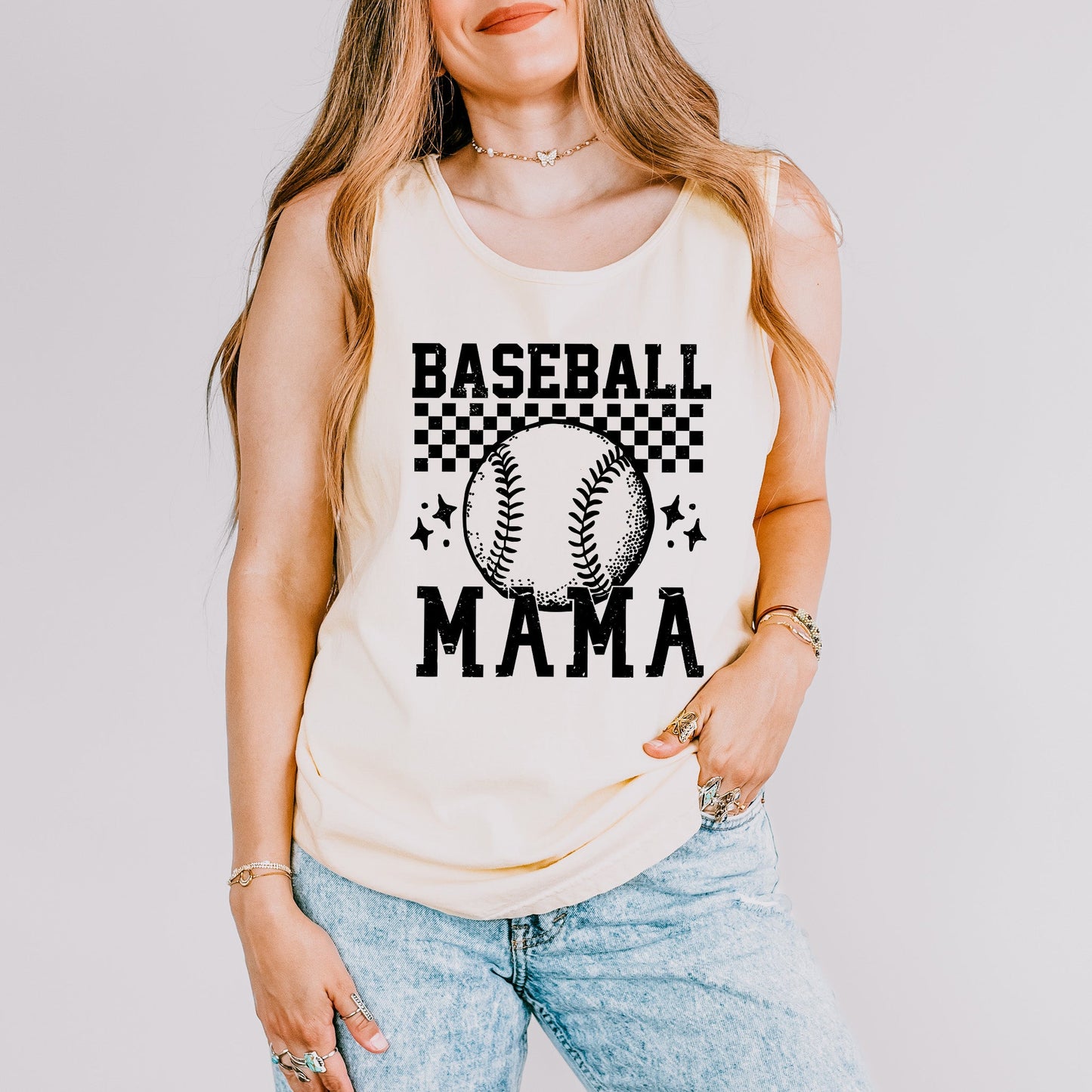 Checkered Baseball Mama | Garment Dyed Tank