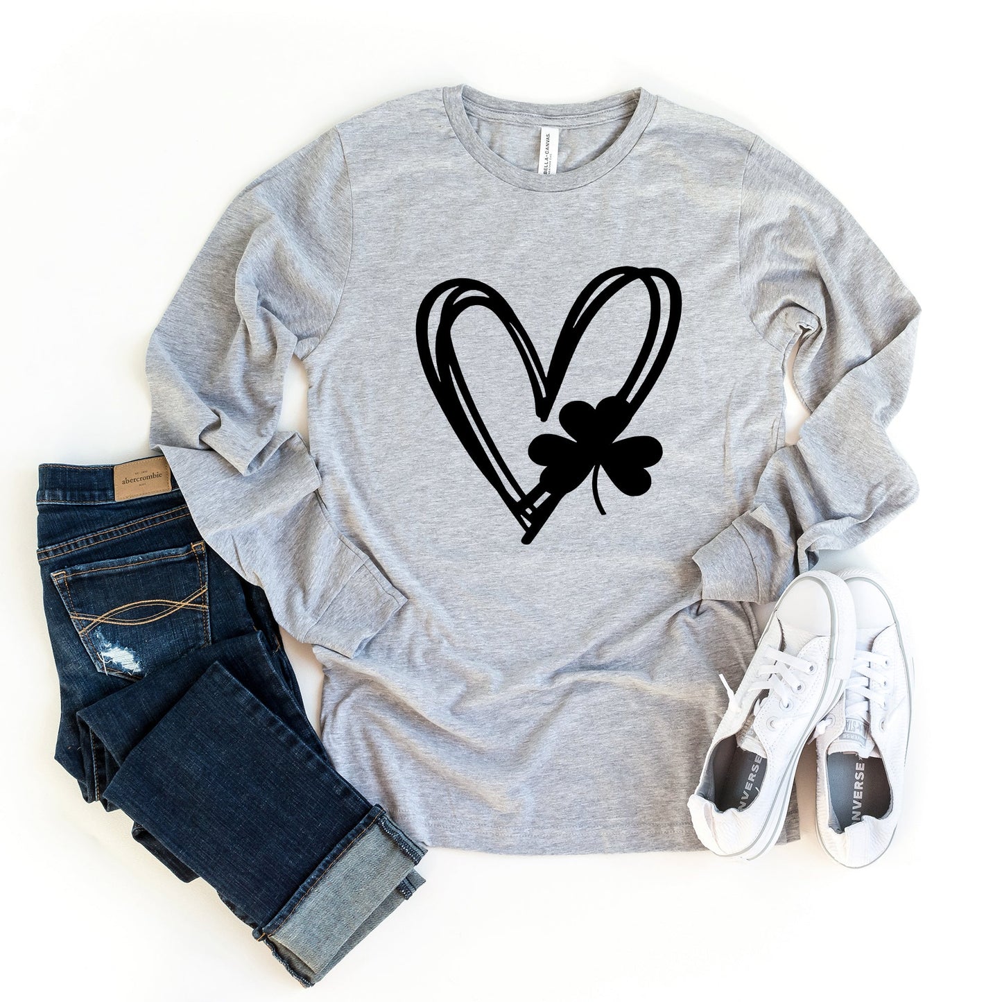 Hand Drawn Heart With Shamrock | Long Sleeve Crew Neck