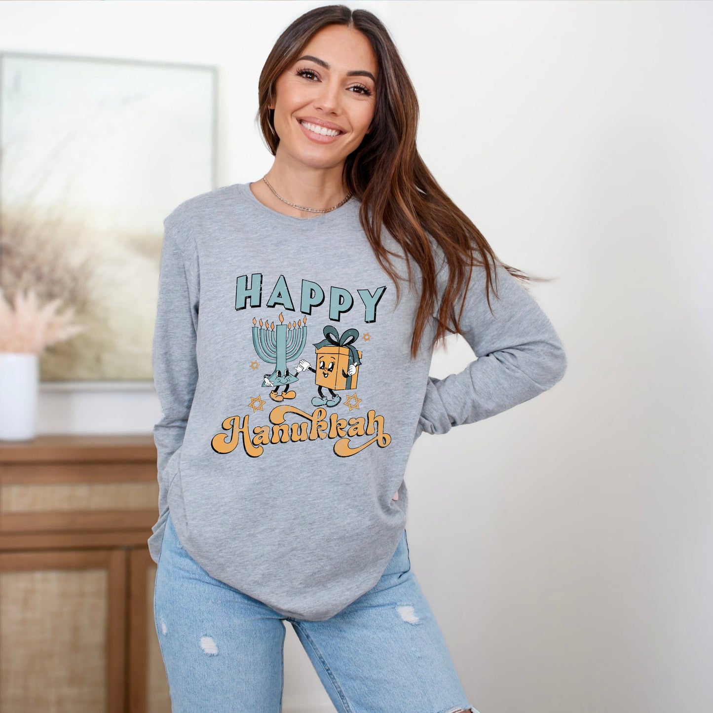 Happy Hanukkah Distressed | Long Sleeve Crew Neck