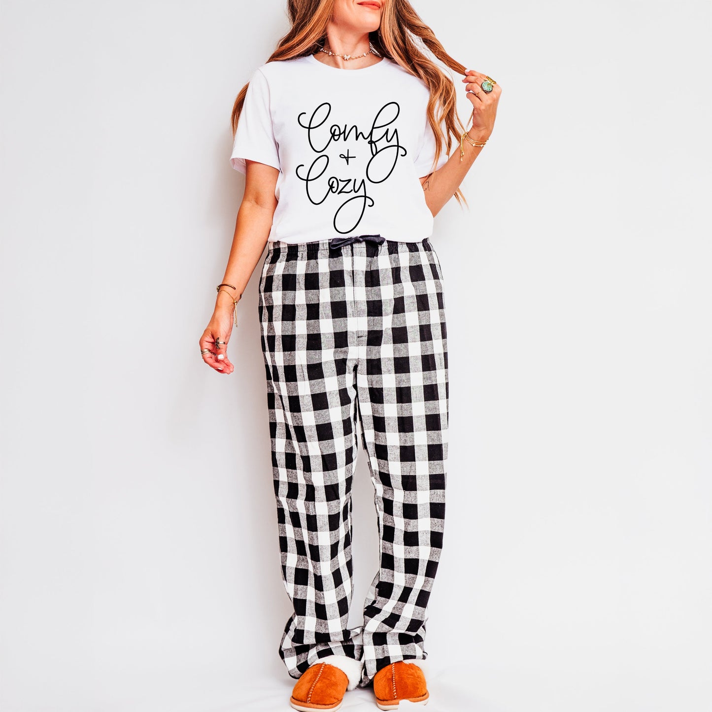 Comfy And Cozy Cursive | Plaid Pajama Set