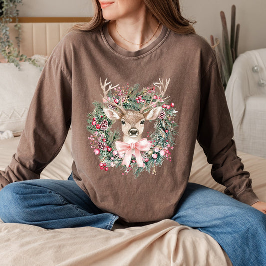 Coquette Deer Wreath | Garment Dyed Long Sleeve