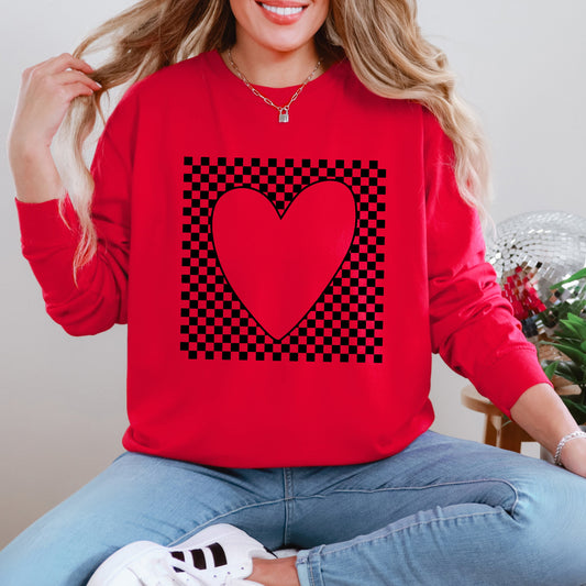 Checkered Heart Cut Out | Garment Dyed Long Sleeve