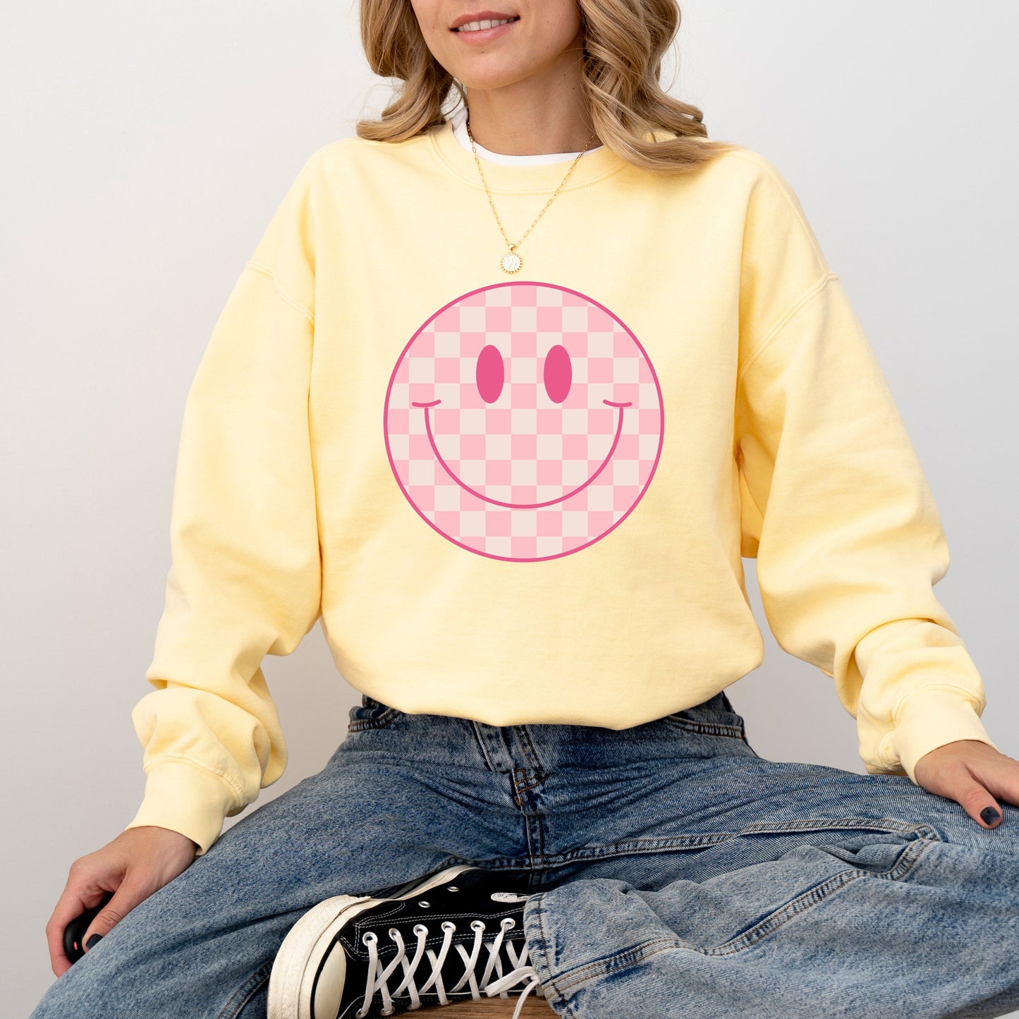 Pink Checker Smiley Face | Garment Dyed Sweatshirt