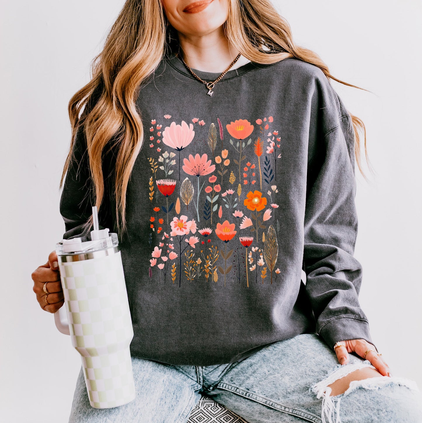 Pink Floral | Lightweight Garment Dyed Sweatshirt