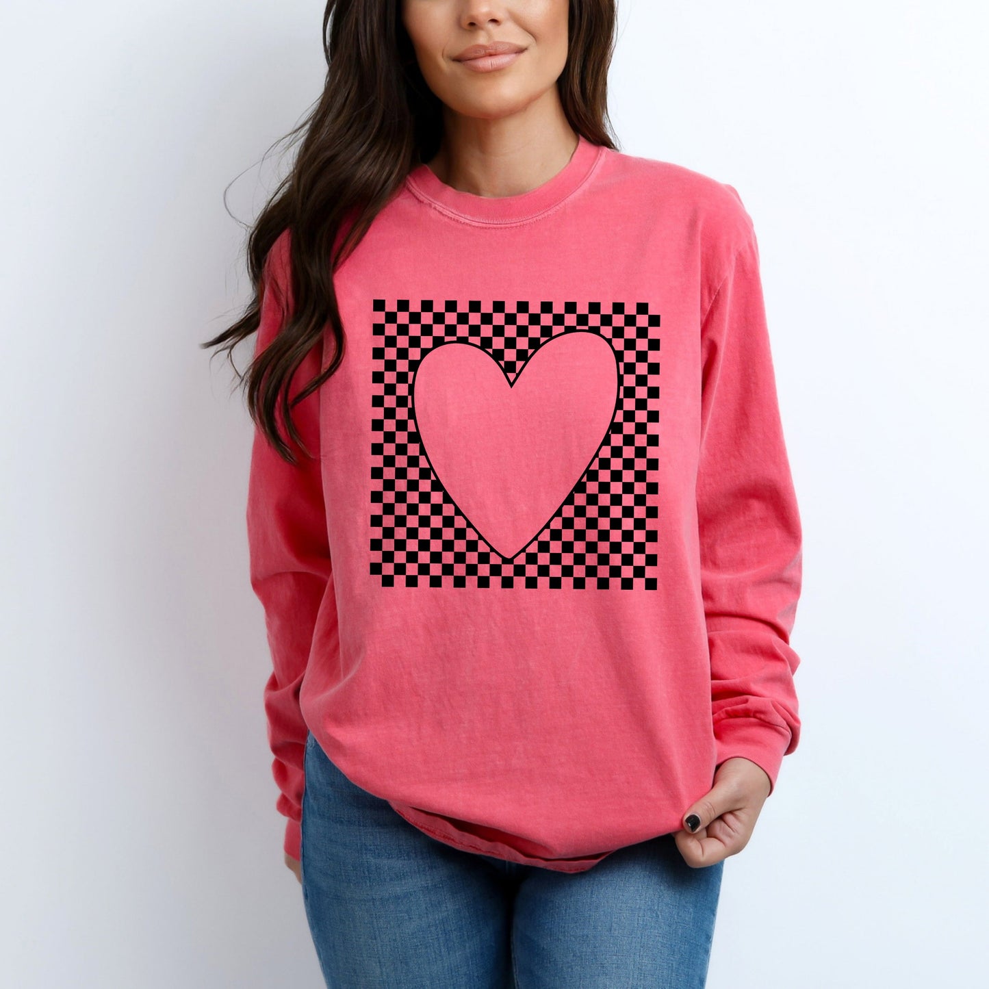 Checkered Heart Cut Out | Garment Dyed Long Sleeve