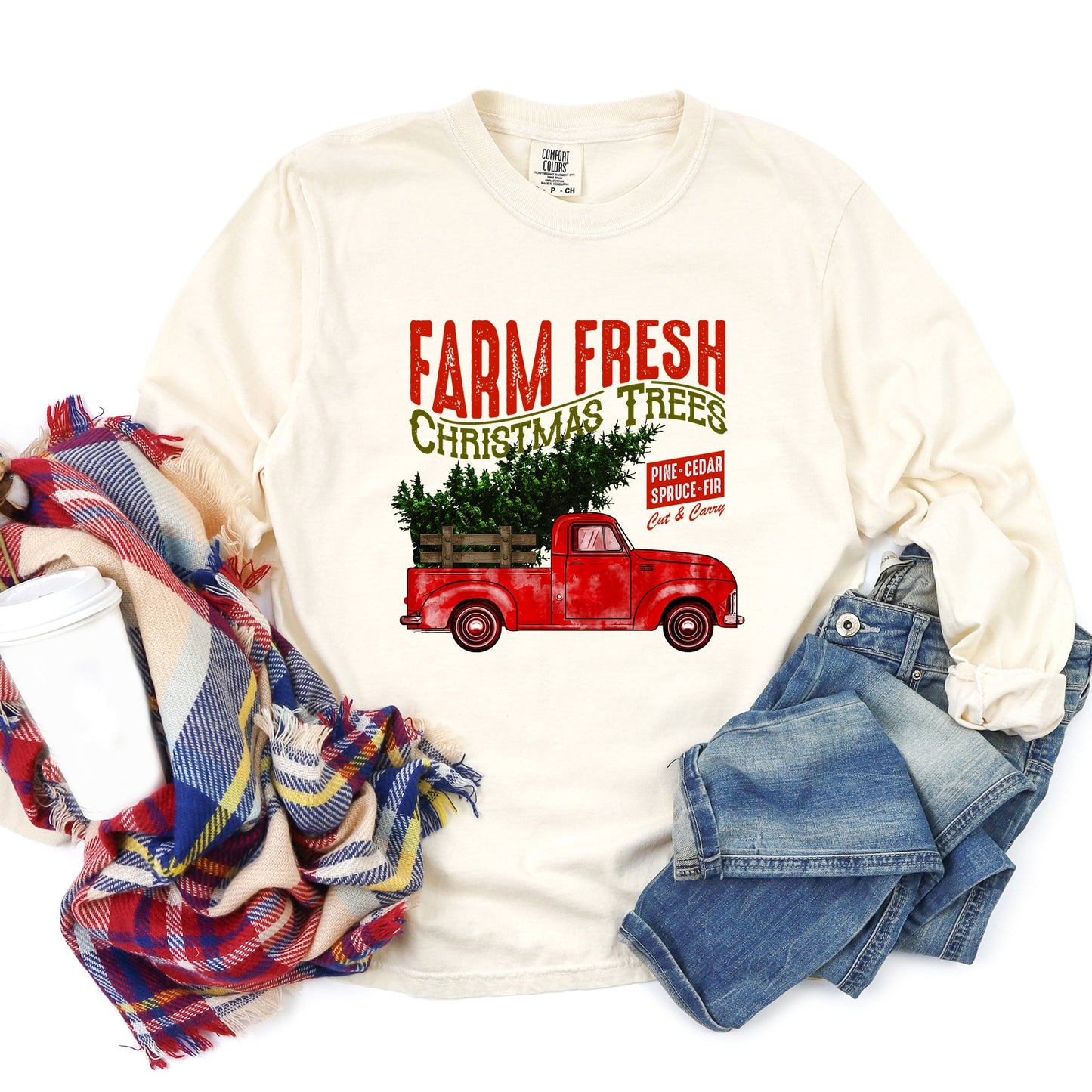 Farm Fresh Christmas Trees Truck - Womens Garment Dyed Long Sleeve